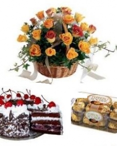 24 orange Roses Rocher Chocolate N Chocolate Cake