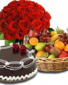 Fruit basket w/cake & 24 red bunch
