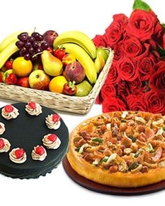 002 Pizza, Fruit basket w/cake & 12 red bunch